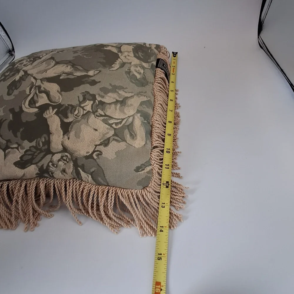 REED Style Cherub Angel Tapestry Throw Pillow Green Beige Fringe Trim 14